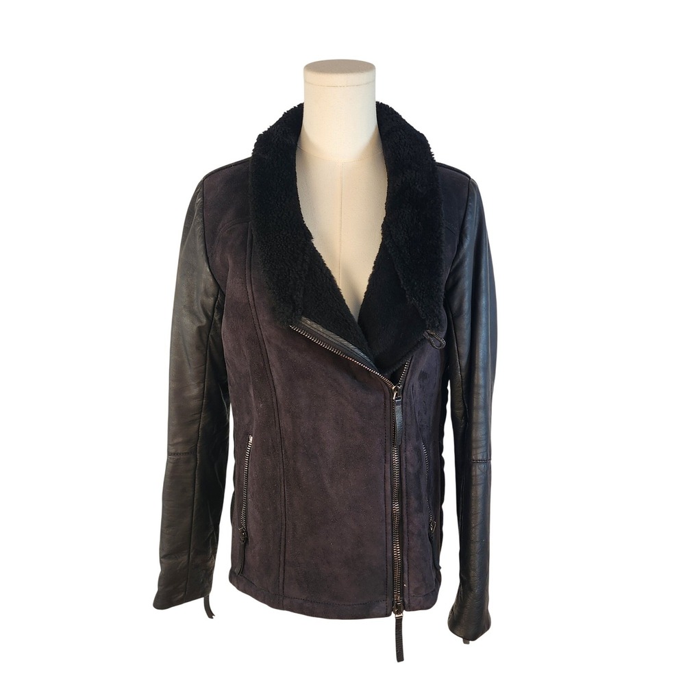 Brogden Black Leather Suede Shearling Moto Jacket Size Small/42